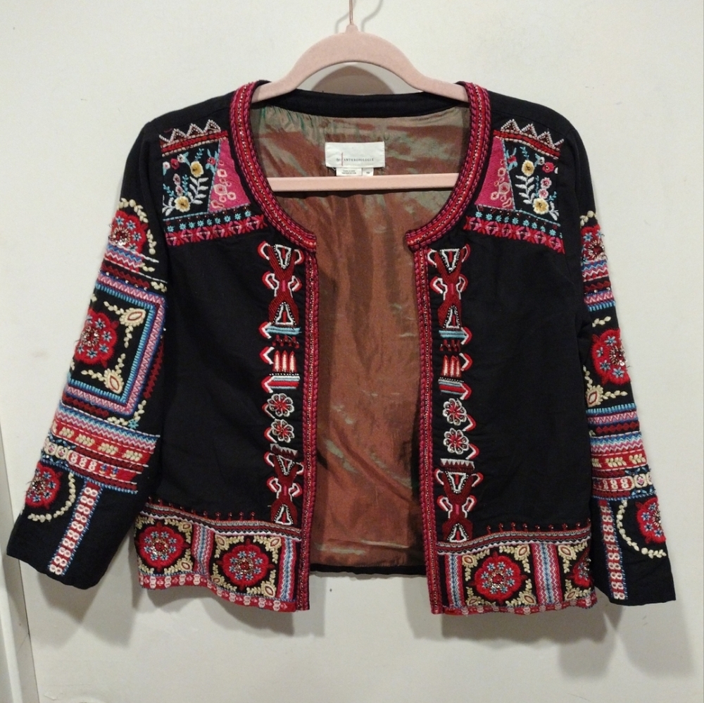 Anthropologie Red and Black Embroidered Blazer